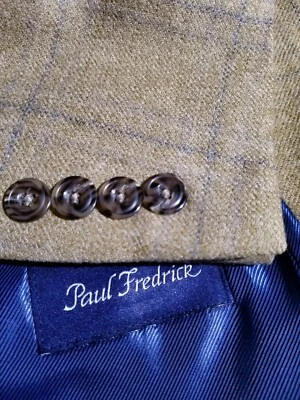 46L Paul Fredrick Blue brown windowpane plaid wool Tweed Blazer SportCoat Jacket - Image 1 of 4