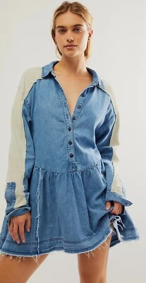 Free People Mini Tunic Dress Women Boho Blue Kenny Denim Classic Pocket XS NWT - Image 1 of 4