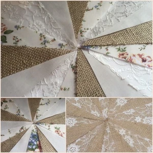 FABRIC AND HESSIAN BUNTING.SOLD PER METER.FLORAL.LACE.WEDDINGS.SHABBY CHIC. - Picture 1 of 7