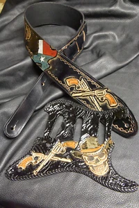 Ledergitarrengurt und Schlagbrett maßgeschneidert handgefertigt ""Outlaw TX"" schwarz - Bild 1 von 22