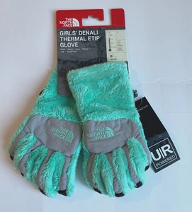 New The North Face Girls Denali Thermal Fleece Etip Glove Green Silver Grey M - Picture 1 of 2