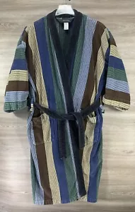 Vintage 90s Color Block Robe 100% Cotton One Size Striped Green Blue Brown Tan - Picture 1 of 9