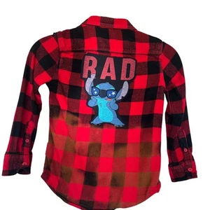 Stitch Rad Kids Plaid Flannel Button Down Shirt SMALL Lilo Disney Unique Red - Picture 1 of 5