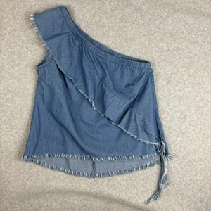 Umgee Pam One Shoulder Top Womens Blue Denim Size Medium Frayed Ruffle Detail - Afbeelding 1 van 6