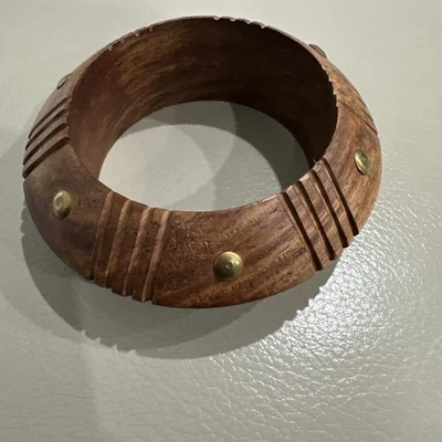 Brazalete de Madera Marrón Latón Cobre Acentos Boho Hippie Brazalete Ancho Grueso Foto 1 de 4