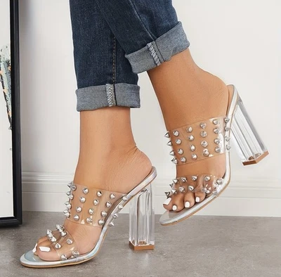 Sandalias de mujer gruesas de tacón alto con punta abierta cuadrada tachonadas de doble correa talla: 9 NUEVAS Foto 1 de 4