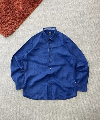 Hugo Boss Linen Shirt Mens Size Large Blue Regular Fit Beach Summer Light Casual - Image 1 of 4