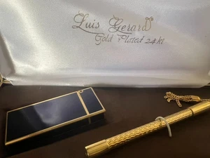 Luis Gerard Briquet Laque Bleu Fonctionne Et Stylo-Plume Plaqué Or 24 KT - Picture 1 of 10