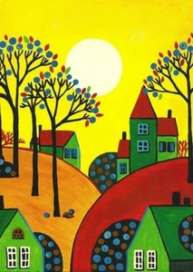 5x7 PRINT OF PAINTING RYTA ABSTRACT FOLK ART TREES HOUSES ROLLING Landscape Farm - Picture 1 of 1