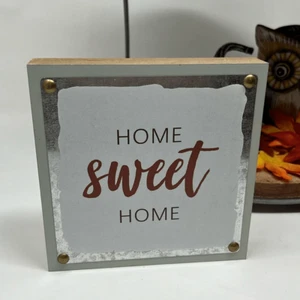 Home Sweet Home Decor Wood & Metal Shelf Table Standing Word Sign Brown White - Picture 1 of 8