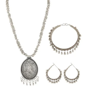 Ethnic Indian Bollywood Silver Plated Oxidized Hoop Earring Necklac Bracelet Set - Picture 1 of 6