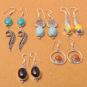 Mosaic jasper & Mix Gemstone 925 Sterling Silver Plated Designer Hook Earrings - Picture 1 of 3