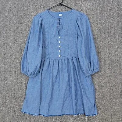 Old Navy All Day Swing Dress Womens Small Blue Short Chambray 3/4 Sleeve Raw Hem - Image 1 of 4