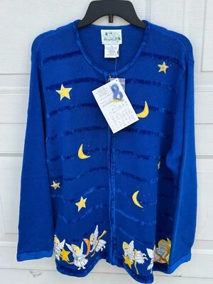 Vintage Quacker Factory Beaded Embroidered Angel's Zip Up blue  Cardigan Sweater - Image 1 of 4