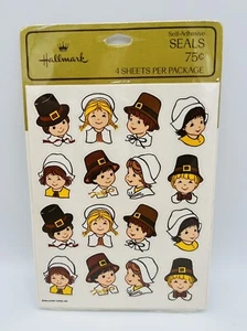 Vintage Hallmark Thanksgiving Pilgrim Seals Removable Stickers 4 Sheets New - Picture 1 of 3