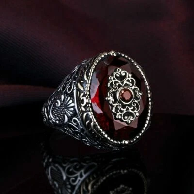 Anillo de plata esterlina 925 maciza joyería turca granate para hombre todas las tallas #TR Foto 1 de 4