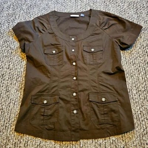 New York & Company Bluse Stretch Rundhals braun Knopfleiste Gr. Große - Bild 1 von 7