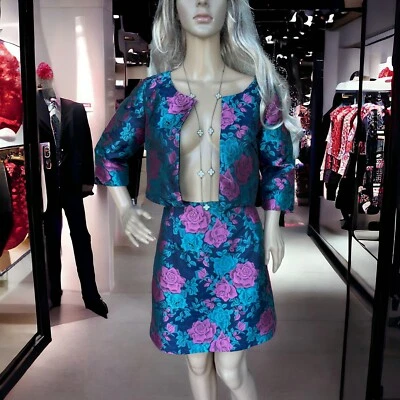 Conjunto de 2 piezas de traje mini falda chaqueta corta vintage años 80 90 brocado zafiro rosa M Foto 1 de 4