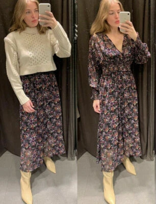 Zara Maxikleid langes Kleid Gr.XS Chiffon geblümt langarm schwarz lila rot  - Bild 1 von 4