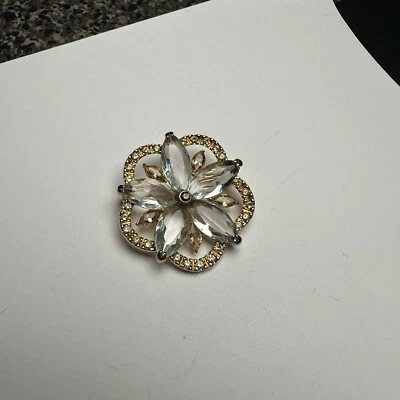 Monet Rhinestone Flower Blue Clear Champagne Gold Tone Brooch Pin Signed - Image 1 of 4