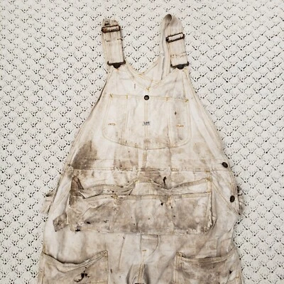 Vtg Lee Union Made Distressed Painter Carpenter Double Front Overalls Khaki - Image 1 of 4