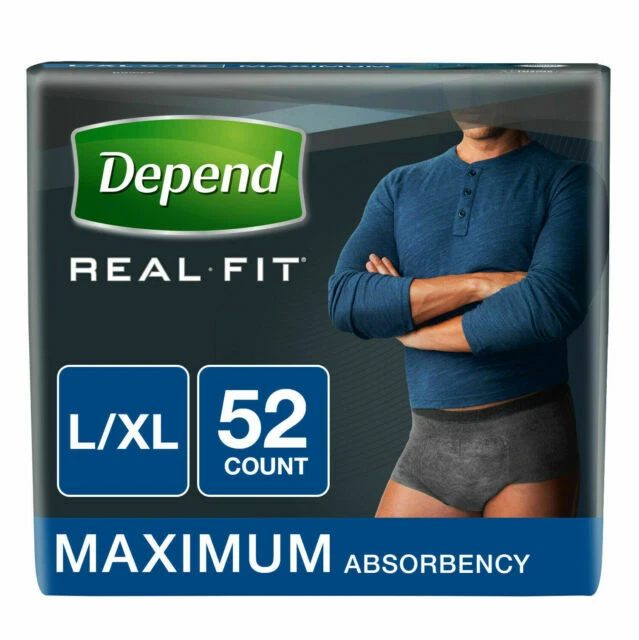 Depend Real Fit Incontinence Maximum Absorbency Men's Briefs, L/XL - Black (52 Count)