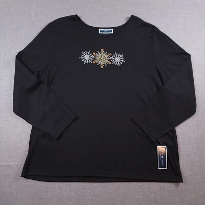 Nuevo con etiquetas Top Karen Scott Para Mujer 3XL Vacaciones Estrás Copo de Nieve Manga Larga Negro Foto 1 de 4