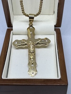 "Collar Cruz Crucifijo Jesús Relleno Oro 9ct Extra Grande Cadena 24"" CAJA GRATIS" Foto 1 de 4