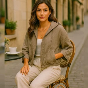 Meo Meli Italy 100% Linen Hooded Jacket Sz L Khaki Zip Crop Waist Tie 3/4 Sleeve - Picture 1 of 8