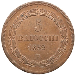 1852 ITALY PAPAL STATES PIUS IX FIVE 5 BAIOCCHI COIN (#9667) - Picture 1 of 2