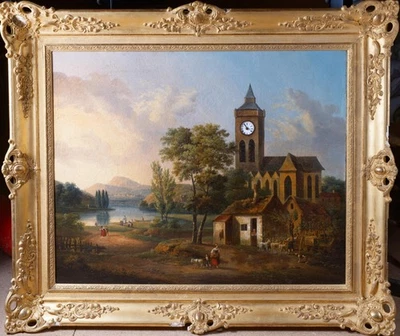 Ancien tableau huile sur toile avec horloge et boite a musique 6 aires  - Photo 1/4