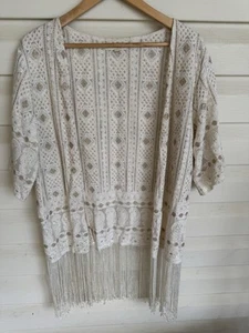 RUBY YAYA XL 14/16 Bohemian Lace and Embroidery Kimono Cardigan Fringe Sequin - Picture 1 of 6