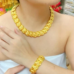 SET Heart 18K 22K 23K 24K THAI BAHT YELLOW GOLD WOMEN necklace 18 &Bracelet7 In - Picture 1 of 8