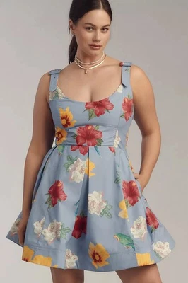 NWT Anthropologie Maeve Printed Scoop Neck Mini Dress Cotton Floral Boho Blue 2X - Image 1 of 4