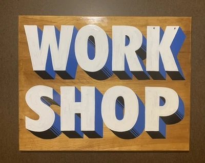 Hand Painted WORK SHOP Vintage Wood Retro Auto Garage Sign Wall Art Man Cave MCM - Image 1 of 4