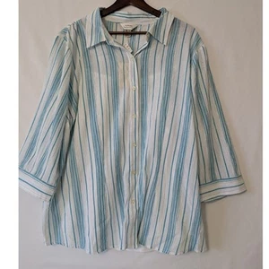 Camisa C J Banks para mujer 2X azul aguamarina a rayas abotonada roscada plateada costal - Imagen 1 de 7