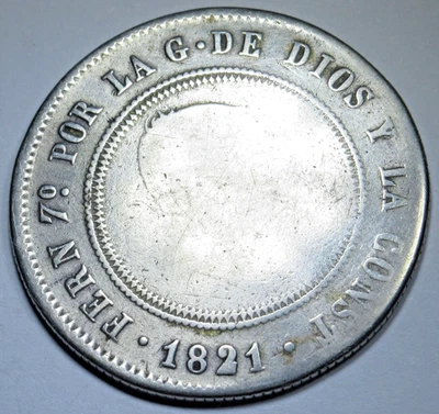 1821 Spanish Silver 10 Reales Genuine 1800's Colonial Antique Ferdinand VII Coin - Image 1 of 2