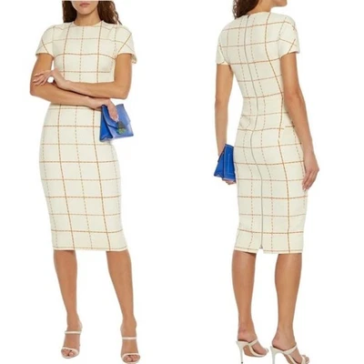 VICTORIA BECKHAM Windowpane Crepe Sheath Dress US 2 UK 6 Wool Short Sleeve Midi - Image 1 of 4