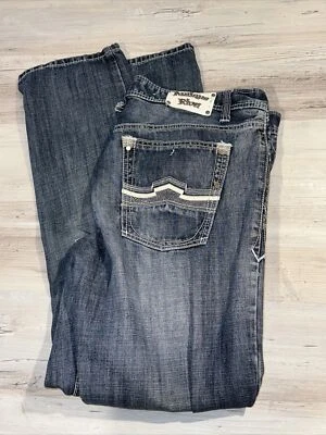 Jeans rectos antiguos remaches para hombre bordados azul oscuro bigotes lavados talla 34 X 32 Foto 1 de 4