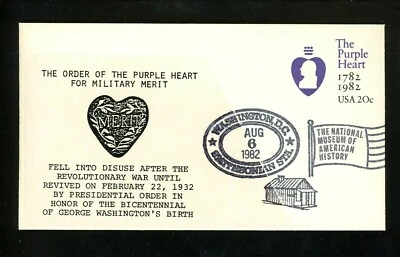 US FDC #U603 Quinn VI / LGS 1982 DC Smithsonian Purple Heart 1st Unofficial - Image 1 of 2