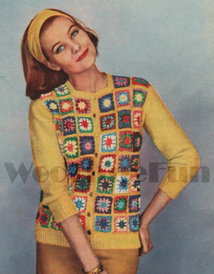 Crochet Pattern Vintage 1950s Womens Jacket. Granny Squares. Knitted Sleeves. - Image 1 of 1