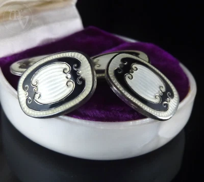 ~1920 Jugendstil Emaille Manschettenknöpfe emailliert Oval Alpacca / Versilbert - Bild 1 von 4