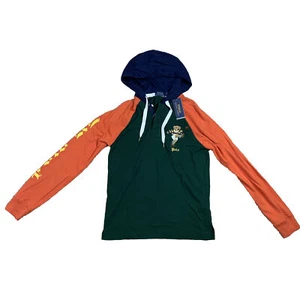 Polo Ralph Lauren Green Orange Football Bear Logo Hooded Shirt Men's XS New NWT - Picture 1 of 7