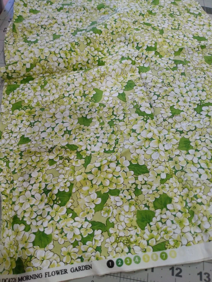 Green Yellow Floral Fabric Morning Flower Garden spring summer sewing  - Image 1 of 1