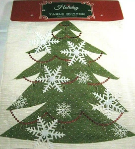  Holiday Table Runner Christmas Tree w/ Snowflakes 13" X 72" 100% Polyester Ecru - Picture 1 of 2