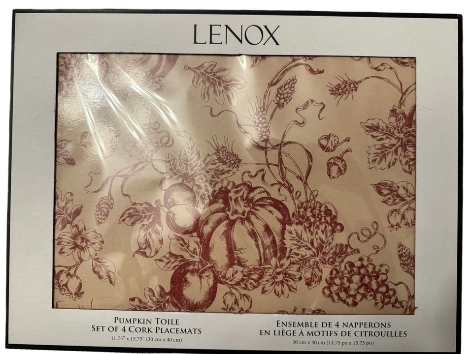 Lenox Set Of 4 Placemats Pumpkin Vine Toile  Cork New Fall Thanksgiving - Image 1 of 3