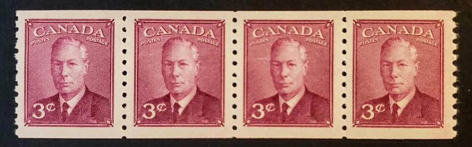 Stamps Canada Mint: #299  3c rose violet Geo. Vl with "P&P" coil strip 4  VF MNH - Image 1 of 1