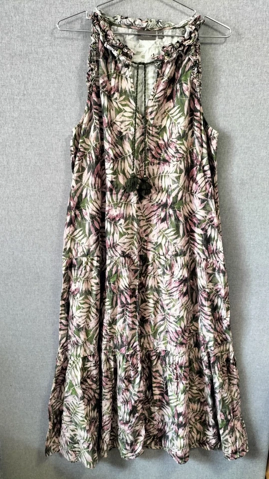 Sussan Size 14 Linen Cotton Maxi Dress Pink Green Tropical Print - image 1 of 4