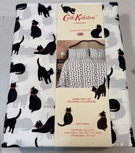 NEW Cath Kidston London Queen Black Cats Halloween 100% Cotton Sheet Set 4 Piece - Picture 1 of 7