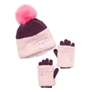 JUSTICE Girls Fuzzy Faux Fur Sherpa Beanie Hat & Gloves Set • Pink/Burgundy - Picture 1 of 9